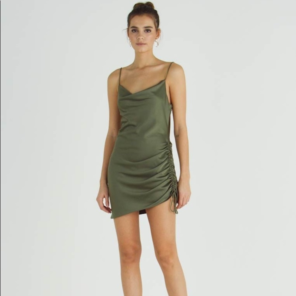 Olive green Topshop ruched satin dress